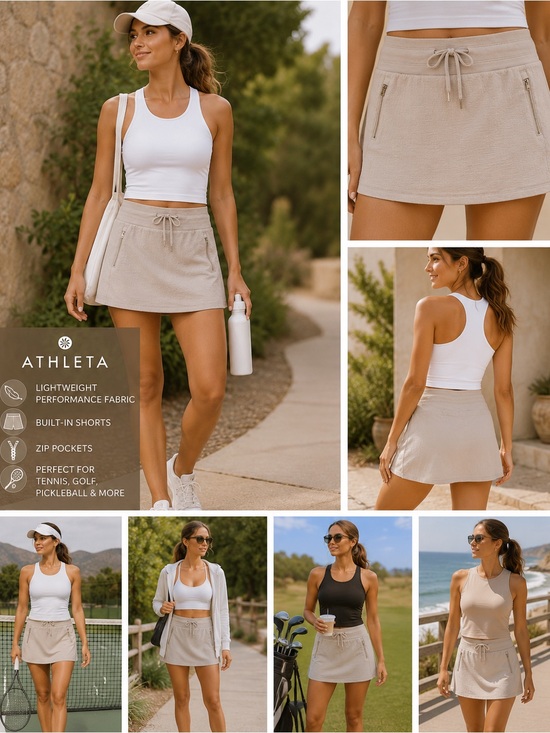 Athleta Dresses & Skirts - Athleta Beige Textured Athletic Skort Size 4 Zip Pocket Activewear Skirt